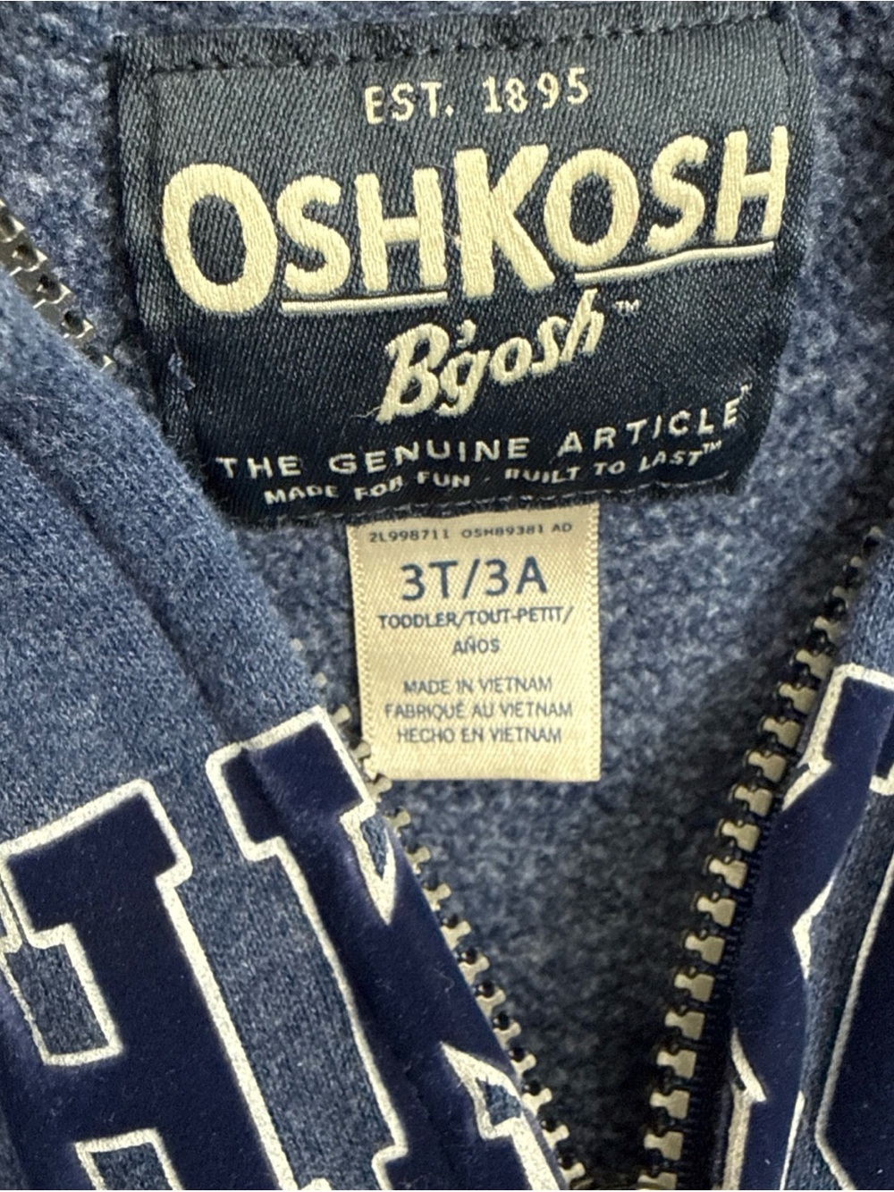 OshKosh B'Gosh Boys Size 3T/3A Full Zip Logo Blue Hoodie - Picture 7 of 8